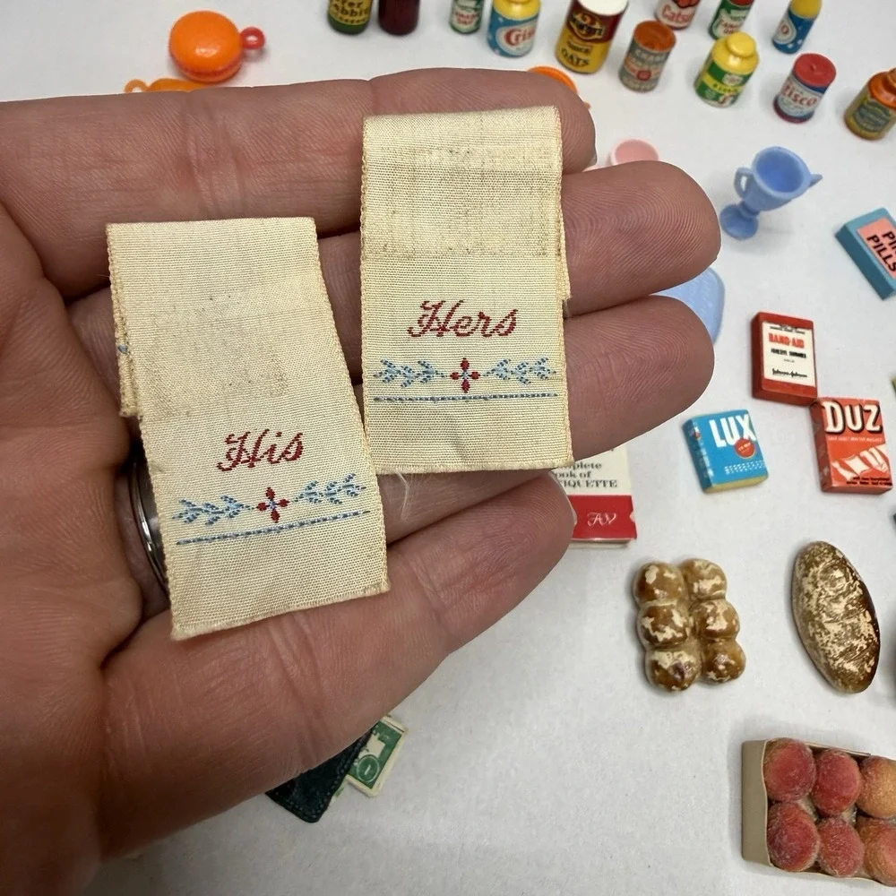 Vintage dollhouse lot miniature‎ kitchen food books his/her towels plates wallet